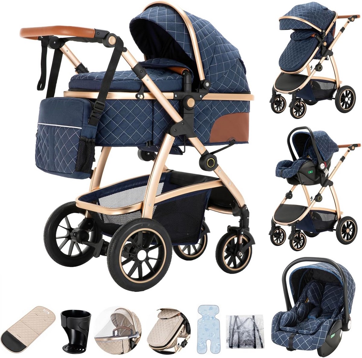 3-in-1 Kinderwagen Bundel met Autostoel en Reiswieg - Geschikt voor 0-4 Jaar