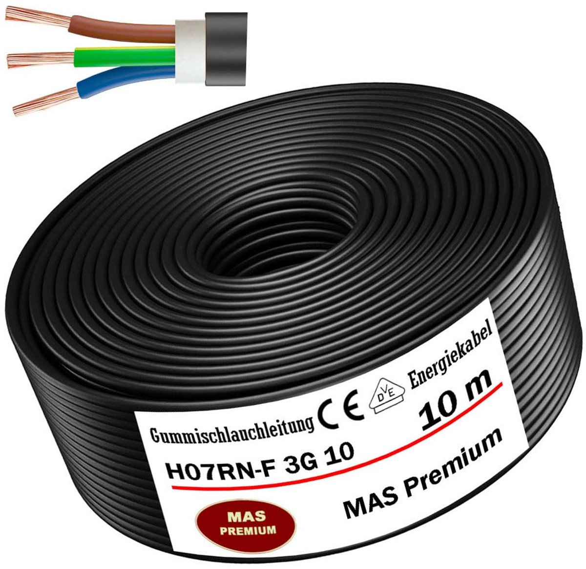Flexibele Rubberkabel H07RN-F 3G10 mm² voor Zware Apparatuur - Diverse Lengtes