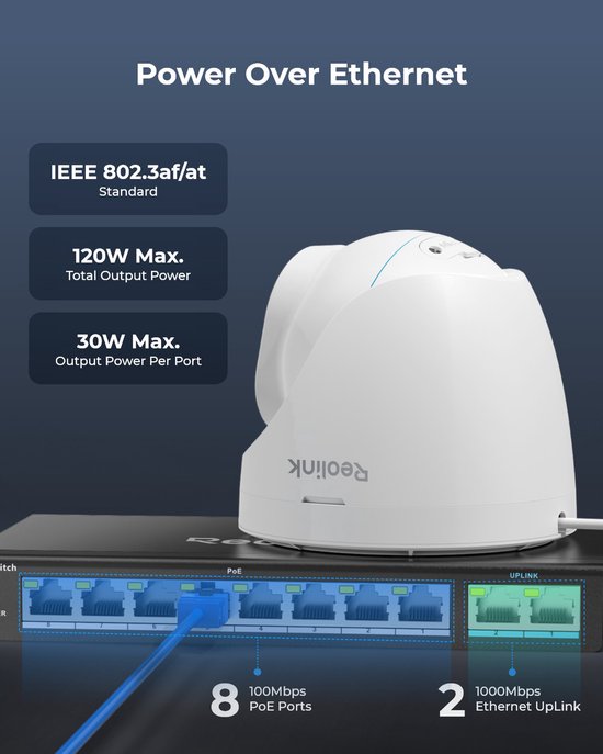 Reolink RLA-PS1 PoE Switch met 8 PoE- en 2 Gigabit Uplink-poorten, Ideaal voor REOLINK RLN36 NVR en Power over Ethernet IP-camera's, IEEE802.3af/at, Metalen behuizing, Bureau-/wandmontage van Merkloos — afbeelding 3