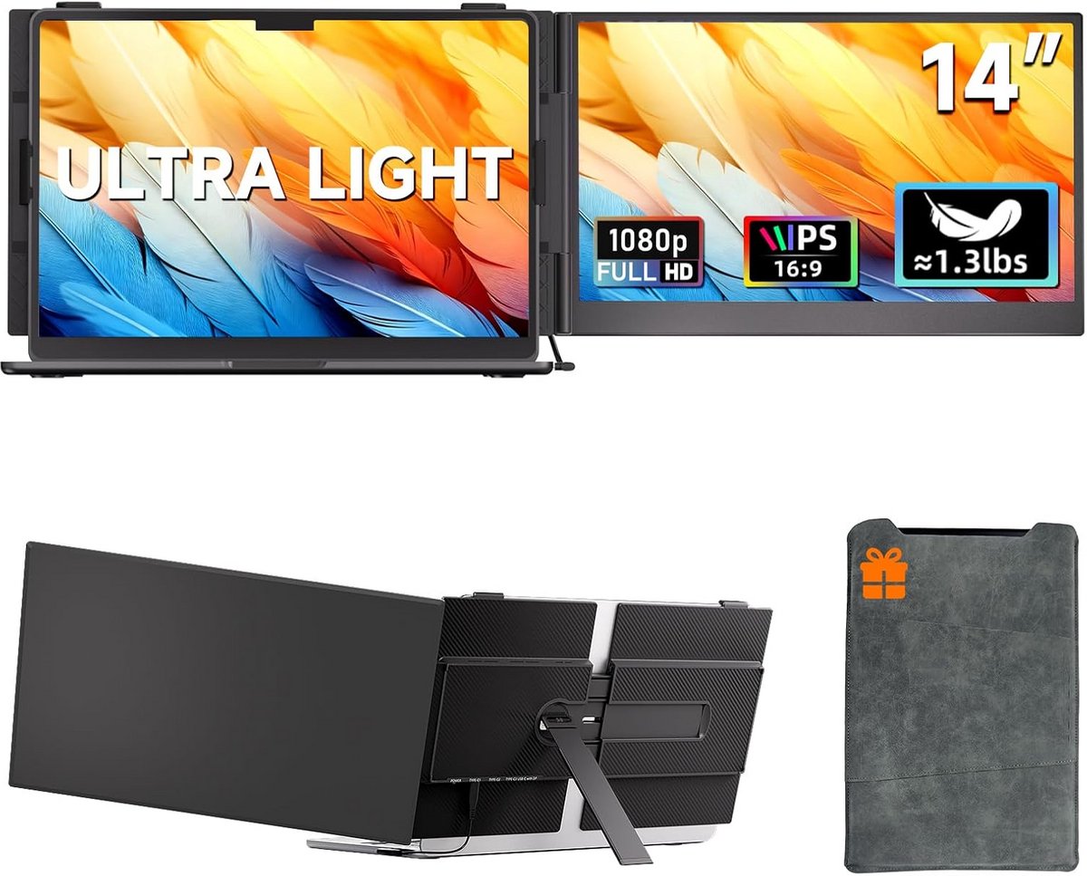 14 inch Draagbare Monitor voor Laptop - Ultra Lichtgewicht FHD 1080P Dual Screen Plug & Play