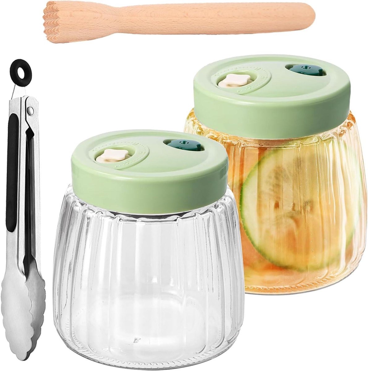Fermentatiepot met dubbel ventiel en tang, 2-pack luchtdichte glazen inmaakpotten, kimchi-