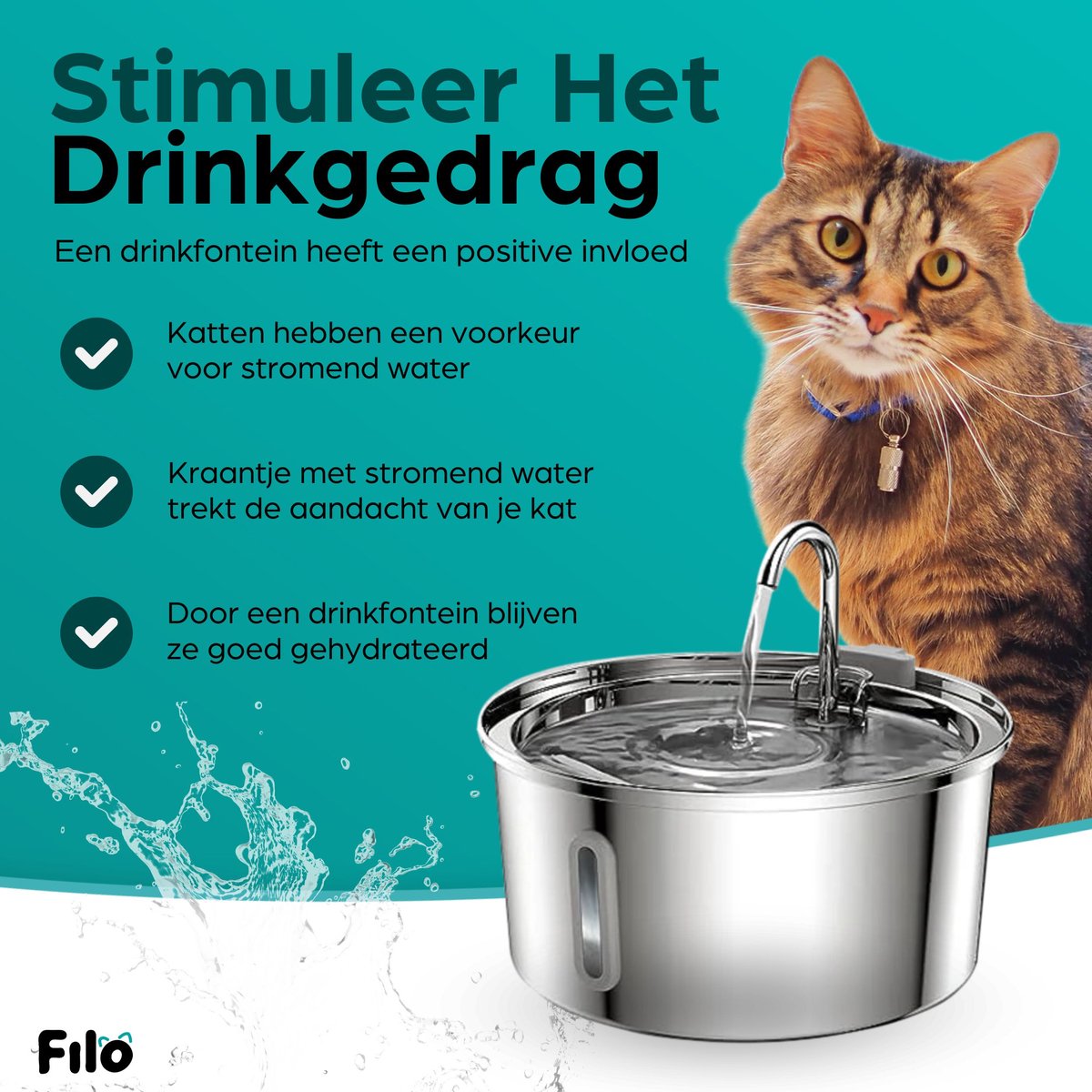 Filo Fluisterstille RVS Drinkfontein Kat & Hond 3.2L + 2 Filters & Schoonmaakstaafje thumbnail 4