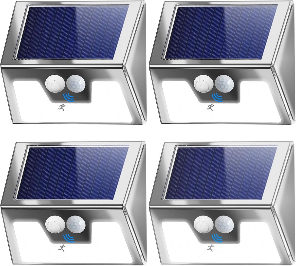 Set van 4 Solar LED Spots Buiten met Bewegingsmelder - Waterdicht & 3 Modi - RVS