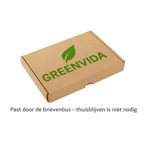 Bruine kartonnen doos met groen GREENVIDA logo. Past door de brievenbus.