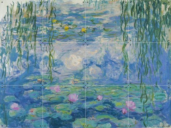 Nymphéas de Monet avec des fleurs et des nénuphars, entourés de saules pleureurs.