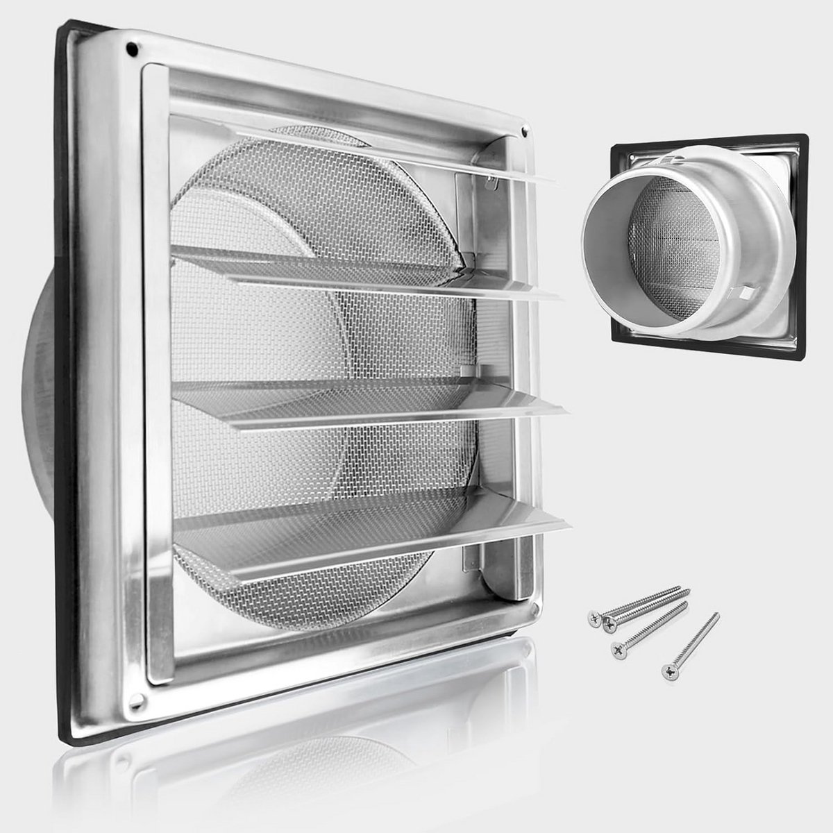 Ventilatierooster 125 mm RVS met beweegbare lamellen en veiligheidsnet