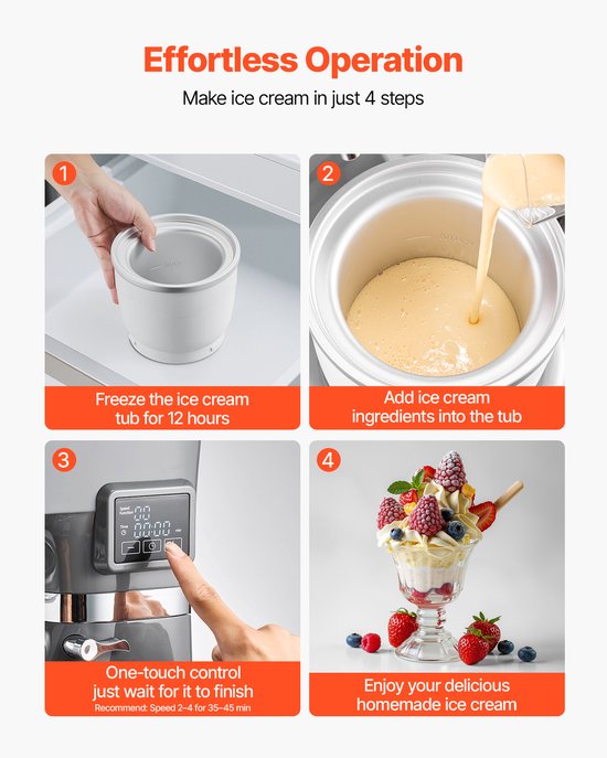 VEVOR IJsmachine 1,7L Staande Mixer 6-snelheden met LED-digitaal Display & Timer & Roerpeddel & Deeghaak & Spatbescherming, voor Doe-het-zelf Bevroren Yoghurt, Fruitgelato Sorbet, 1400W, Grijs van Vevor — afbeelding 5