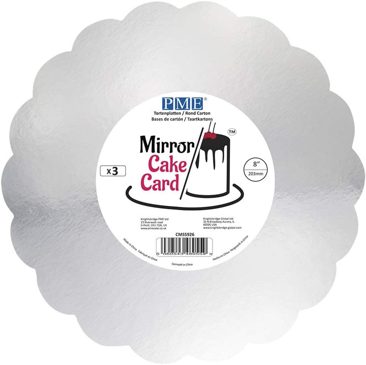 Set van 3 Spiegel Taartkaarten Zilver Rand Scallop 8 Inch - Decoratie Taartbodem