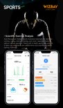 Een man in sportkleding met een WizBay tracker, met smartphone-schermen die trainingsgegevens tonen.