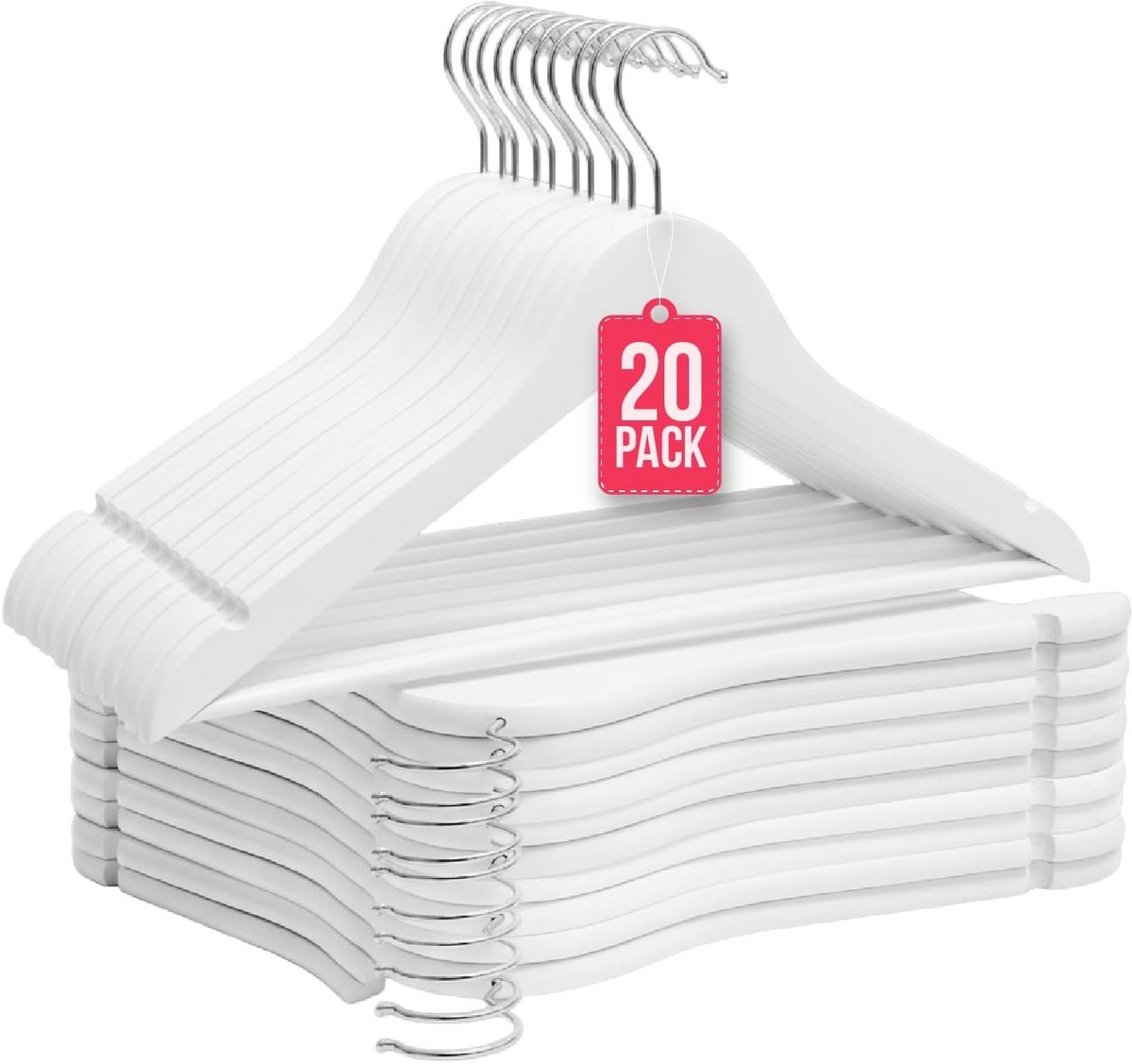 20x Witte Houten Kledinghangers - Slank Design met Draaibare RVS Haak