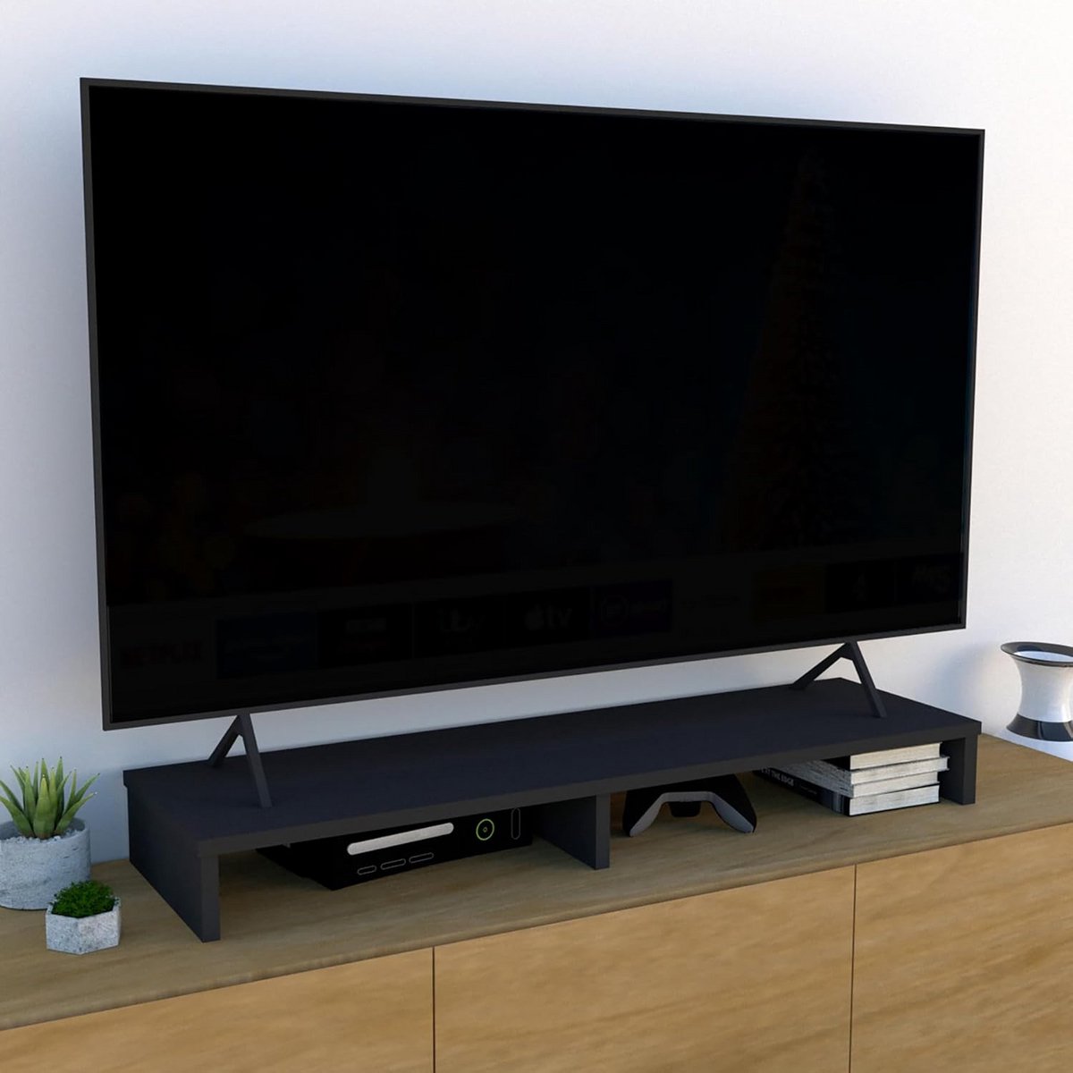 Houten TV-meubel en Monitorverhoger 115x35cm Zwart - Verstelbaar Bureau Organizer