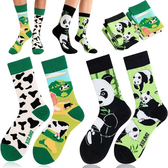 Kleurrijke sokken met panda- en boerderijmotieven in een pak van vier.