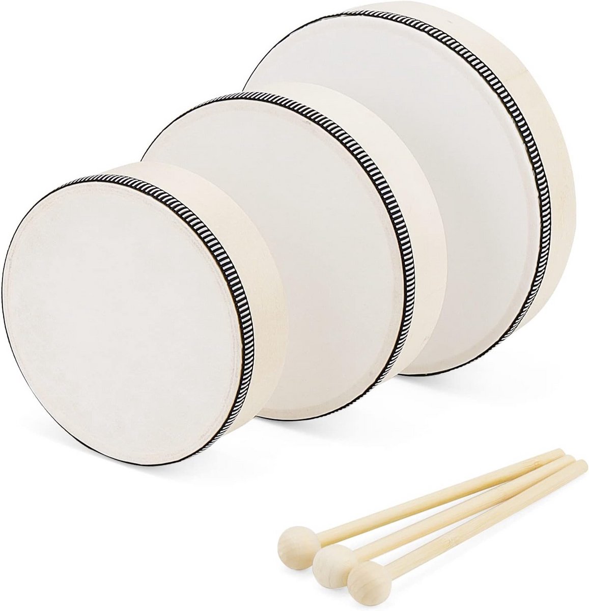 Set van 3 Handtrommels met Rammelaars - Houten Percussie Instrumenten in 6, 7 en 8 Inch