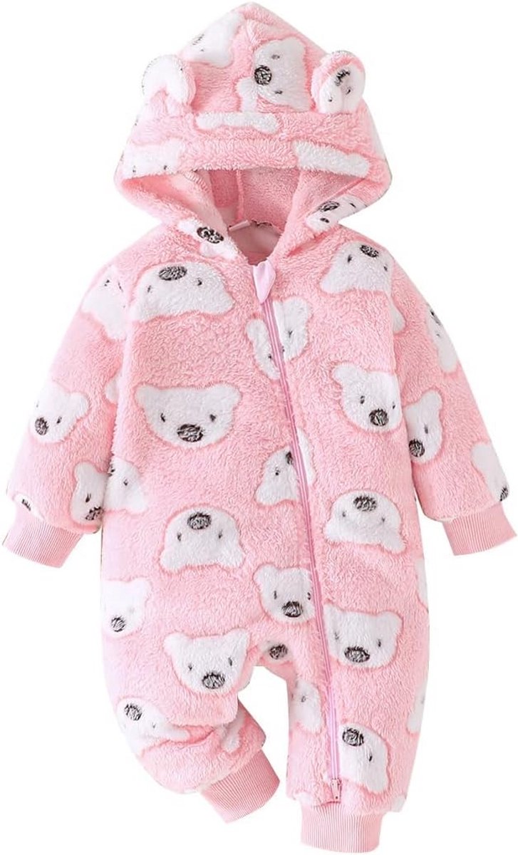 Warme Fleece Baby Romper met Kap en Berenprint voor Jongens en Meisjes (0-18 maanden)