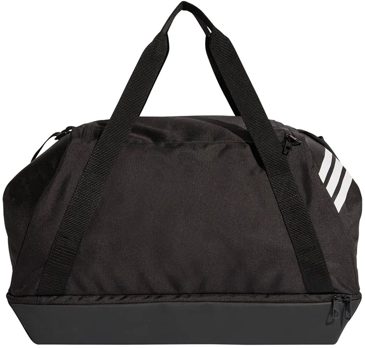 Zwarte adidas Tiro duffeltas met bodemvak, grote ritsopening en stevige handvatten, ideaal voor sport en training.