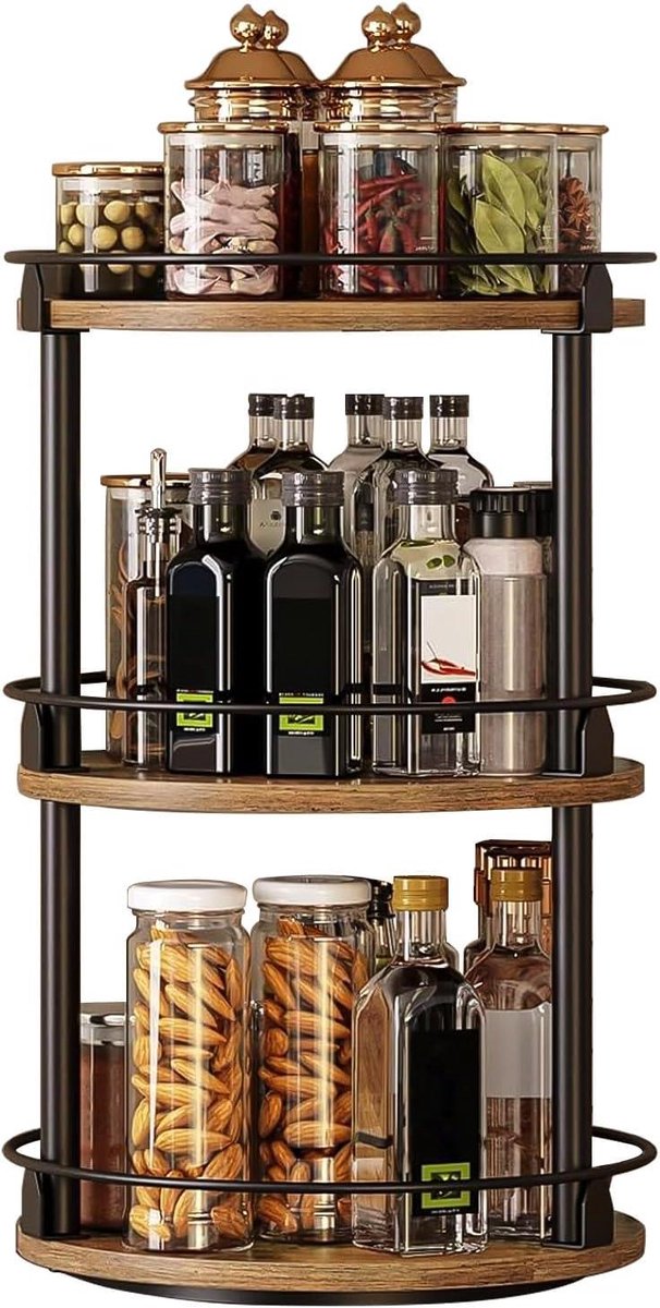 Houten kruidenrek met draaibare cirkels, retro organizer voor keuken en eettafel.