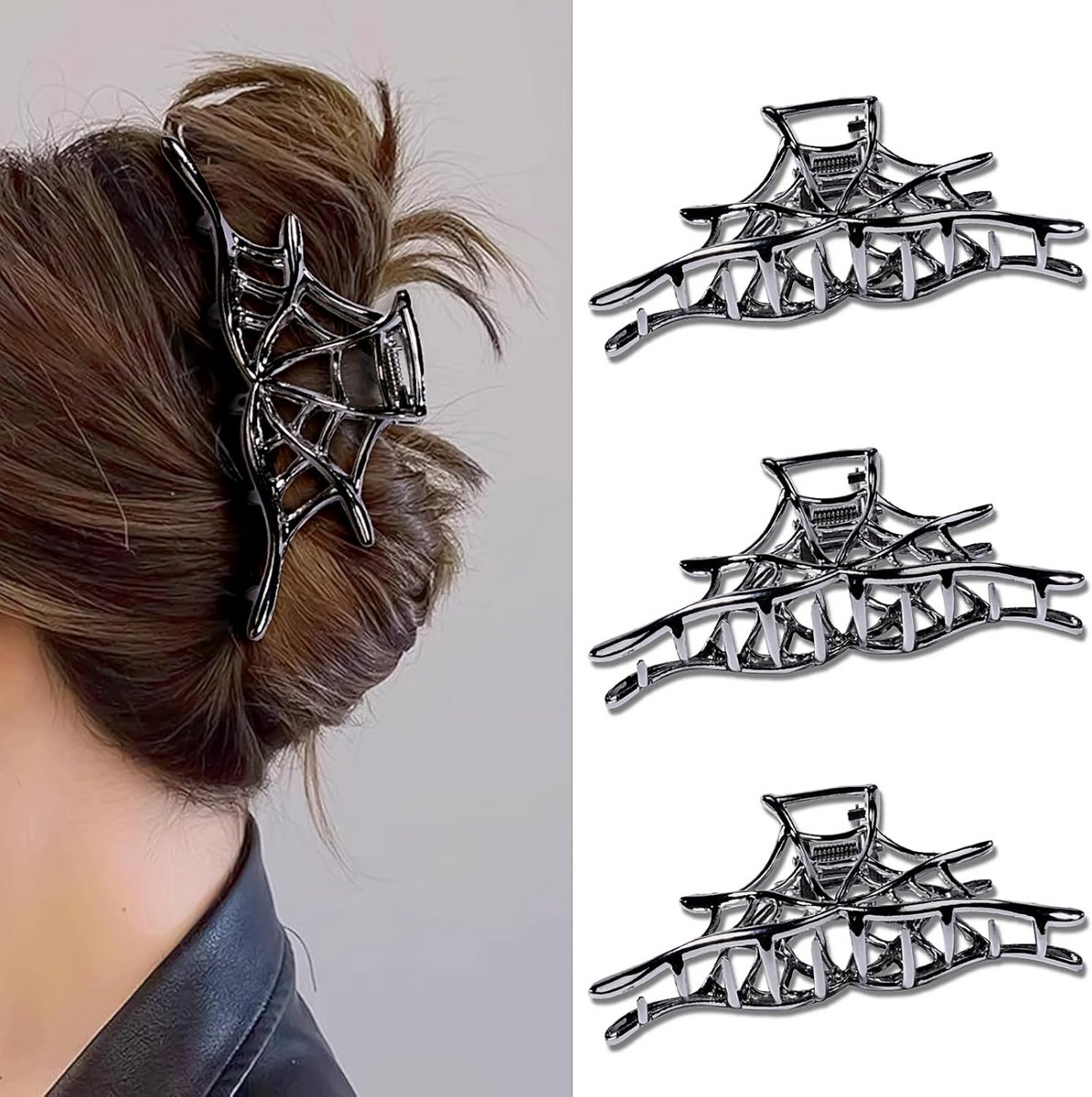 3x Grote Zwarte Gothic Haarklemmen met Spinnenweb Ontwerp voor Dames