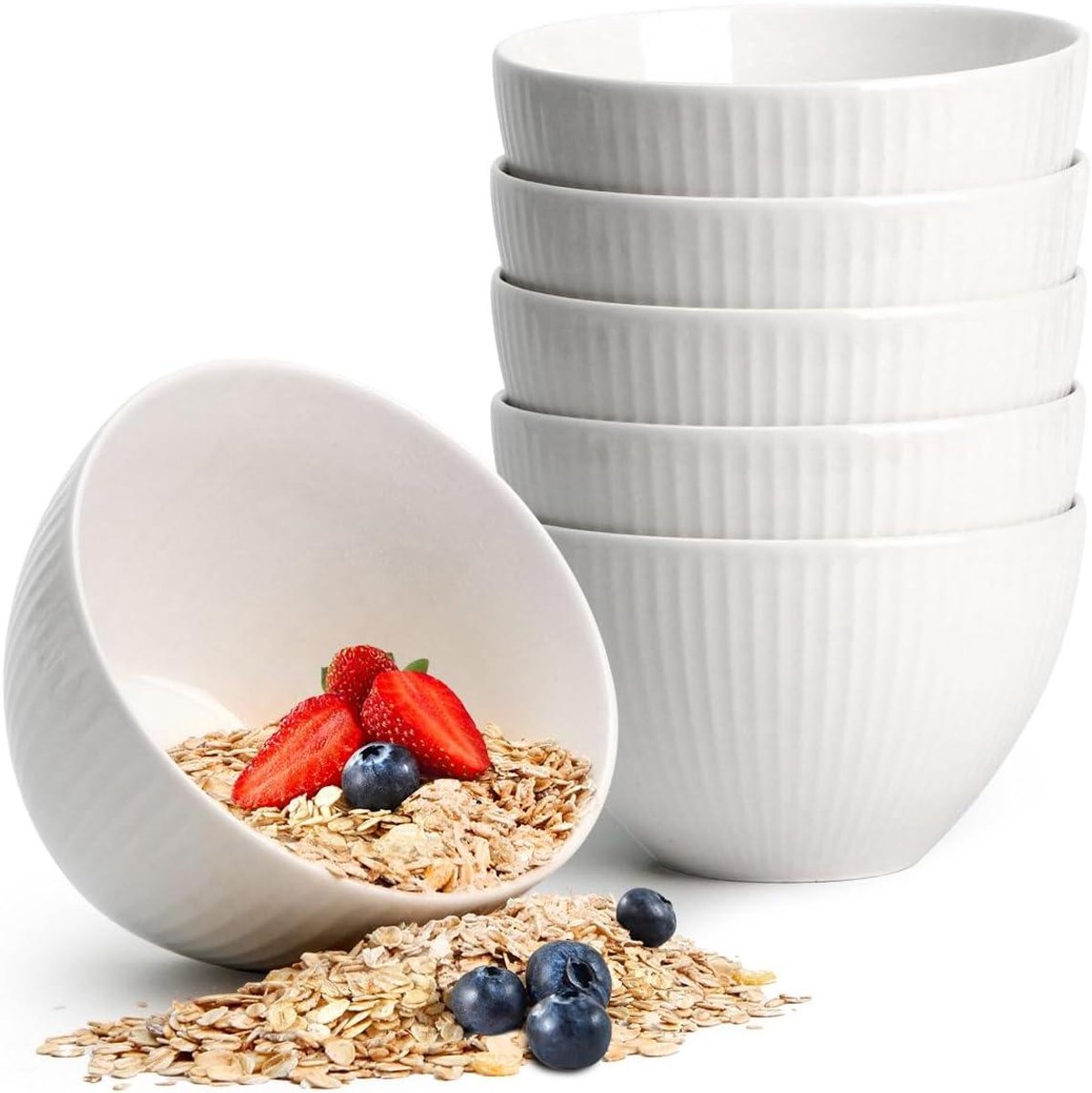 Ontbijtkommen van Keramiek, Soepkommen Set voor Havermout en Salade, 6-delige Set, Wit - Vaatwasmachine- en Ovenbestendig - 750ml - 14x9cm