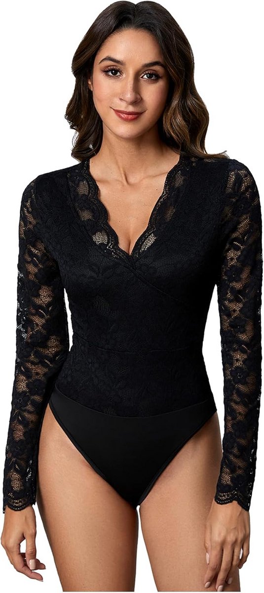 Doorzichtige kanten bodysuit met lange mouwen voor dames - Sexy kanten hemd met V-hals