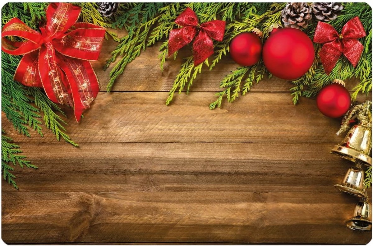 Set van 6 Wasbare Placemats Met Kerstmotief Hout en Belletjes - Bruin en Rood