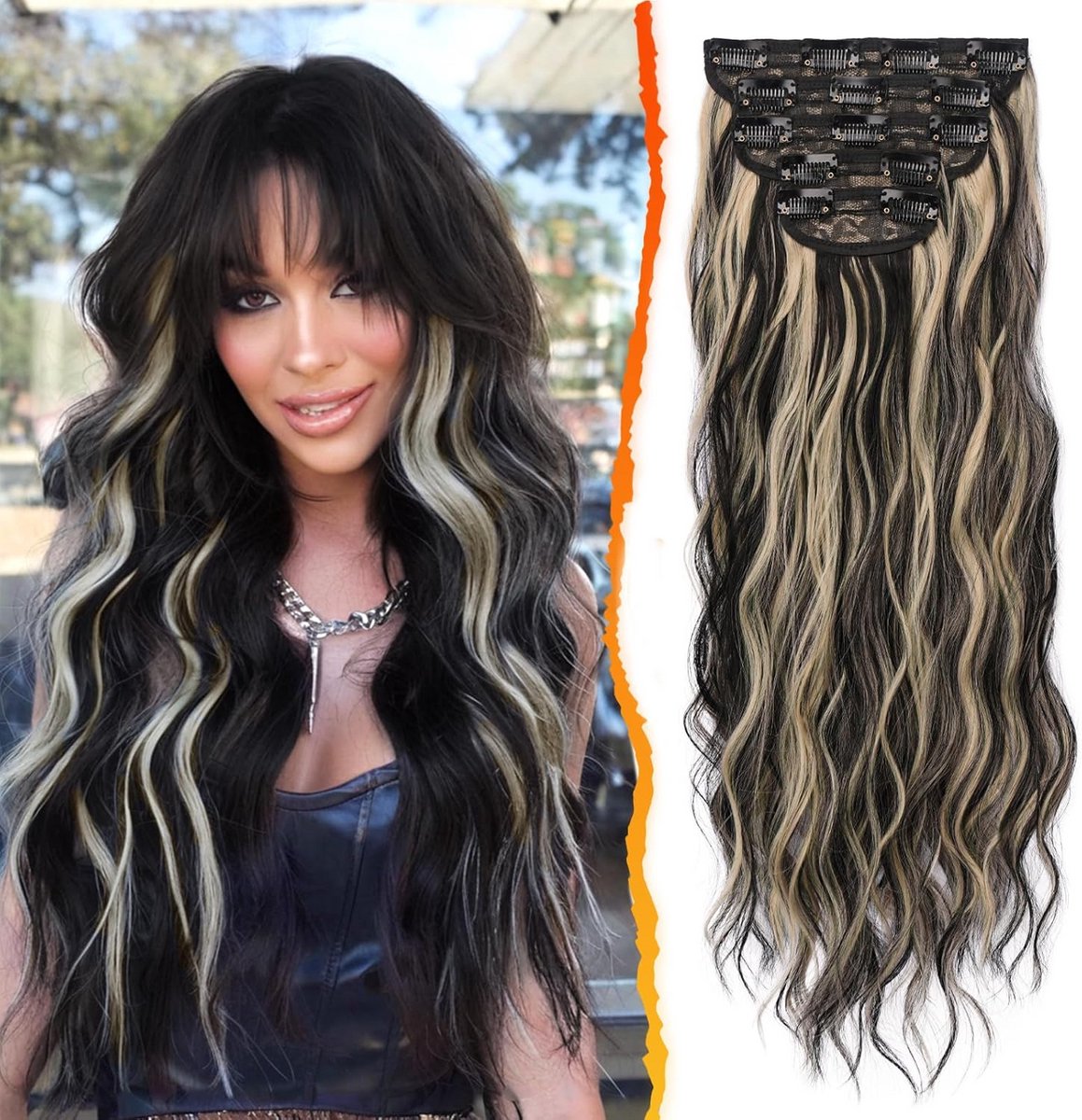 5-Delige Clip-in Haarextensies 50cm Golvend Highlight Volume Synthetisch Haarstuk