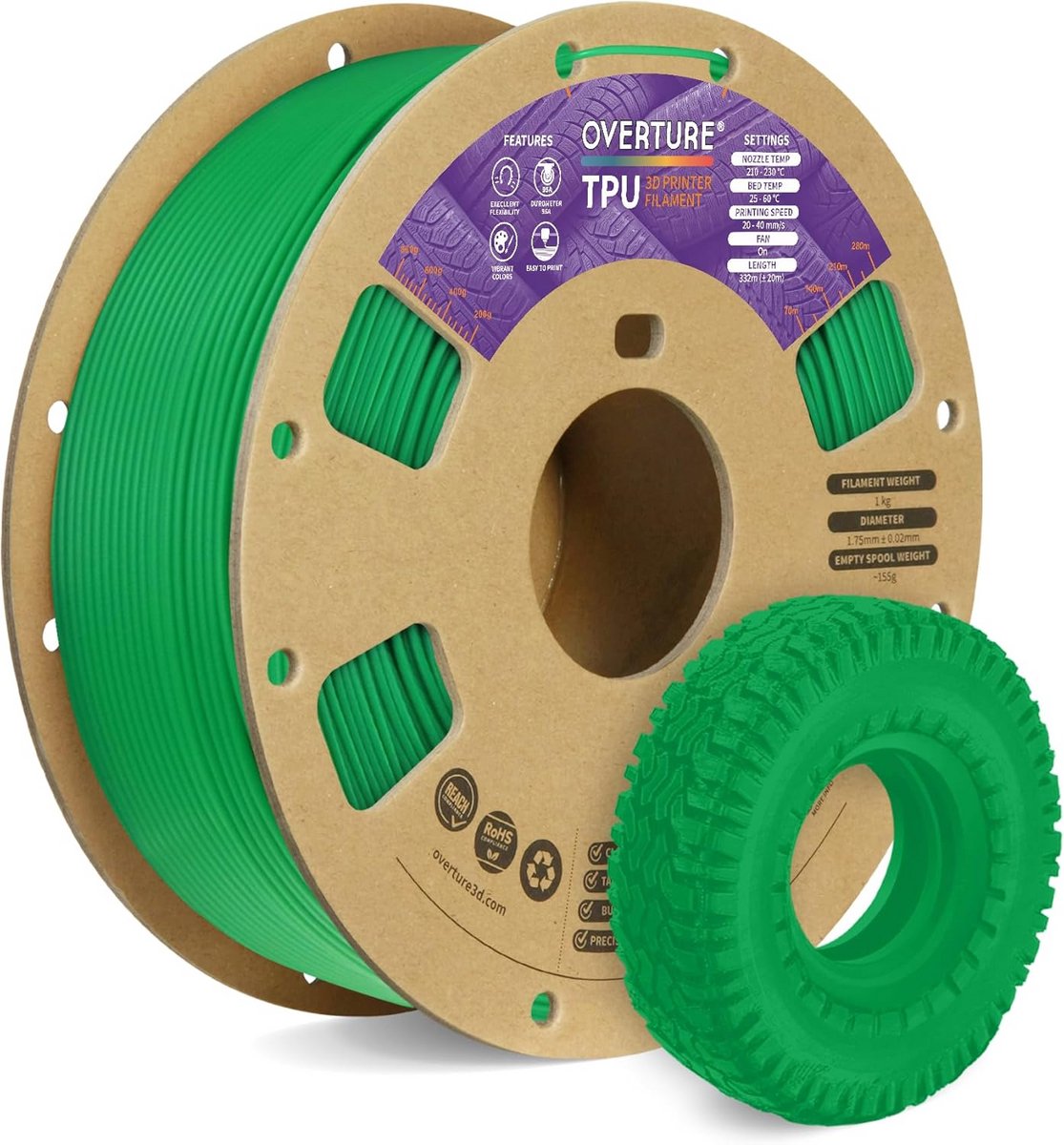 Flexibel TPU Filament 1.75mm Groen - 1kg Spoel, 95A Hardheid voor 3D Printer