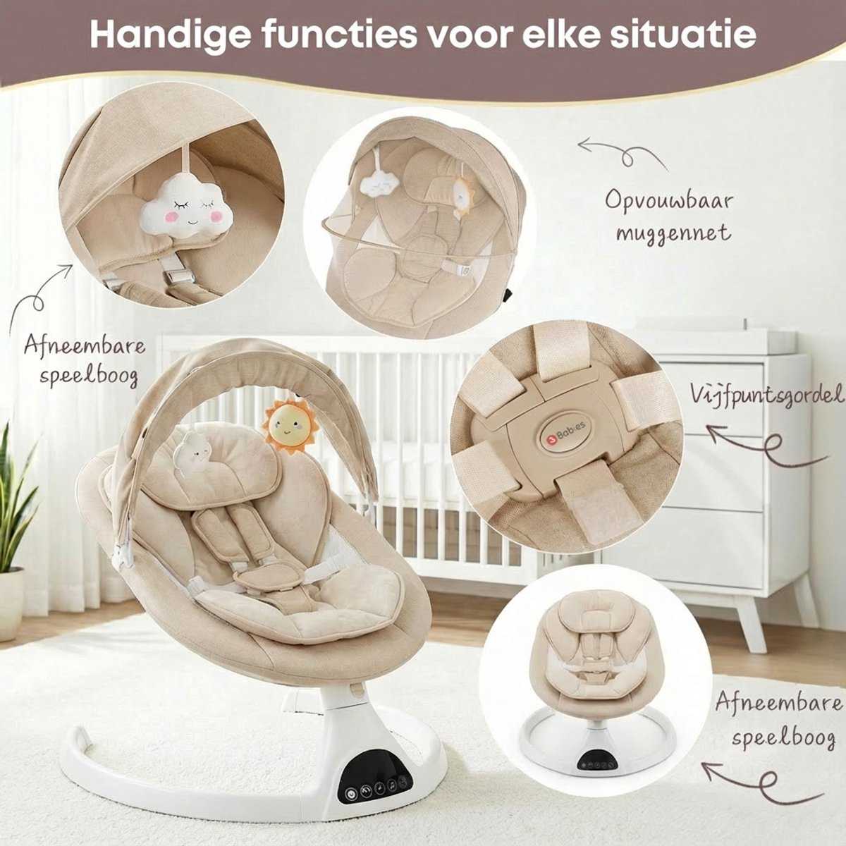 3Babies Baby Swing - Elektrisch Wipstoel - Beige thumbnail 2