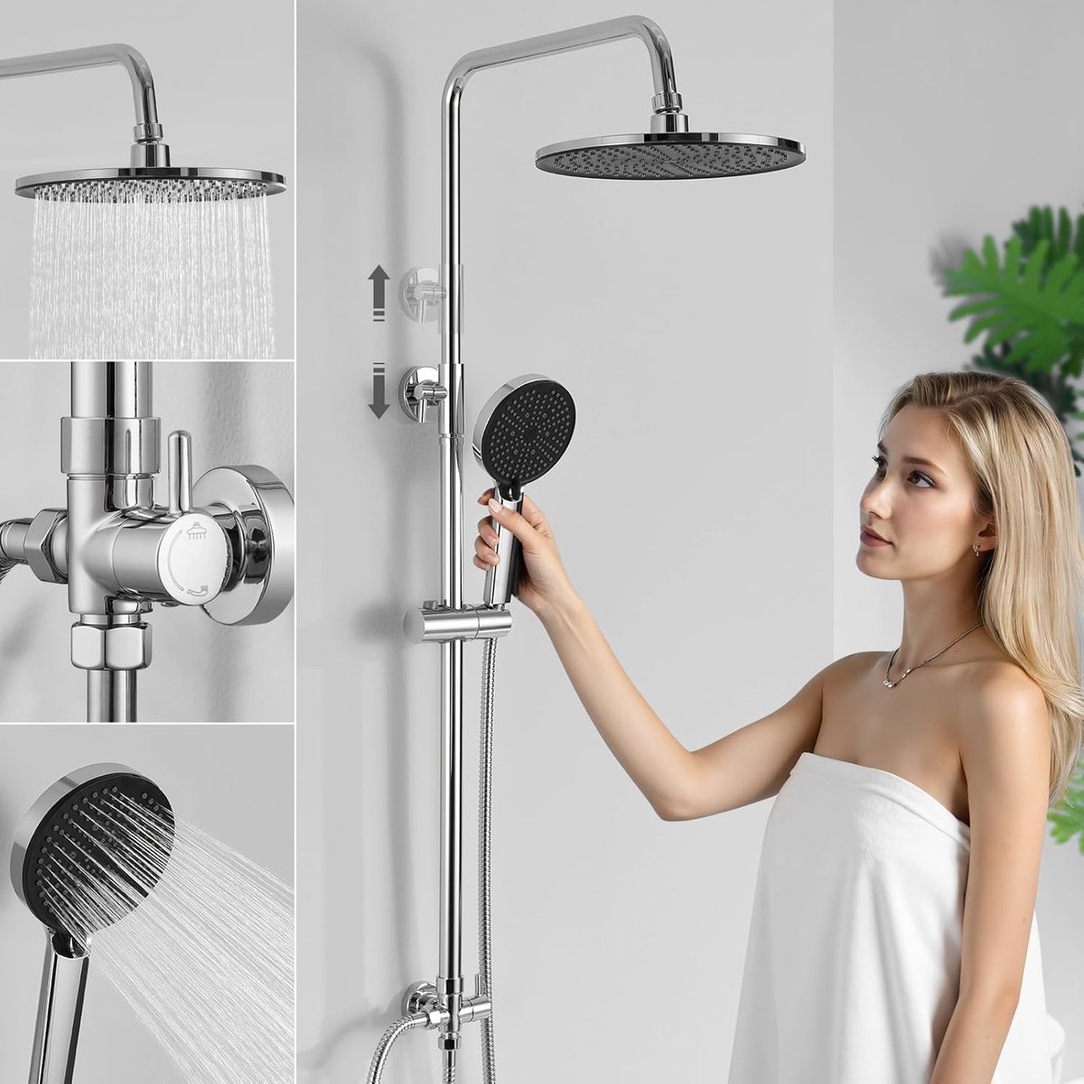 Auralum Max Regendouche - Doucheset - Ø 25 cm Hoofddouche - 4 functies Handdouche - Duurzame Messing Omsteller - Hoogte Verstelbaar 74-110 cm - zonder kraan - Chroom