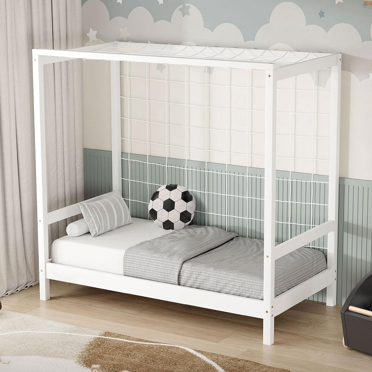 Kinderbed met Voetbaldoel 70x140 cm Wit Houten Speelbed met Lattenbodem en Net