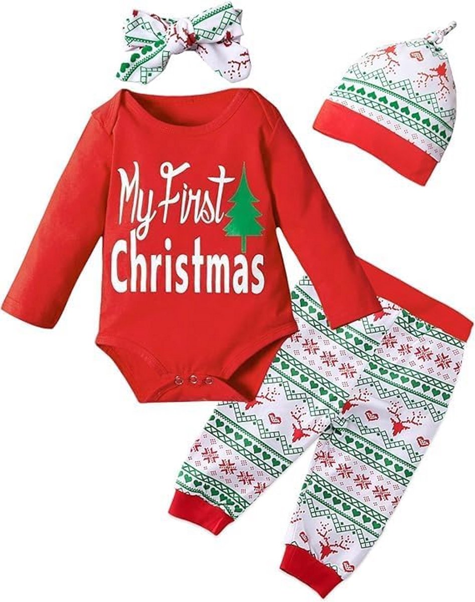 Eerste Kerstcadeau Baby | 4-delige Set Kleding: Romper, Broek, Muts & Haarband | Kerstoutfit Jongen Meisje (6-9 Maanden, Rood)
