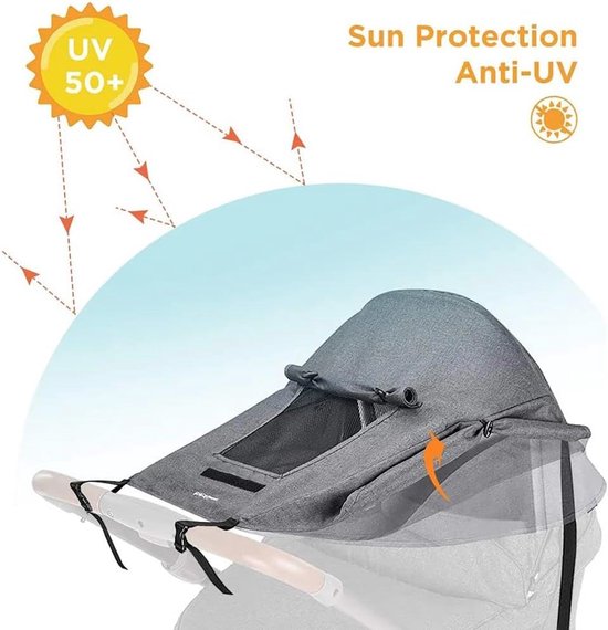Universele zonnekap voor kinderwagens - geschikt voor wiegjes/kinderwagens - UPF 50+ zonbescherming - verstelbaar - inclusief opbergtas van Deryan — afbeelding 4