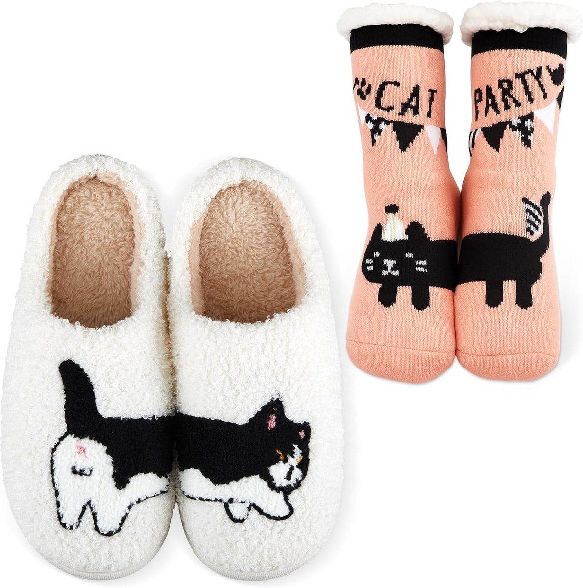 Warme Pluche Pantoffelsokken met Kattenprint - Unisex Wintersokken Slipper