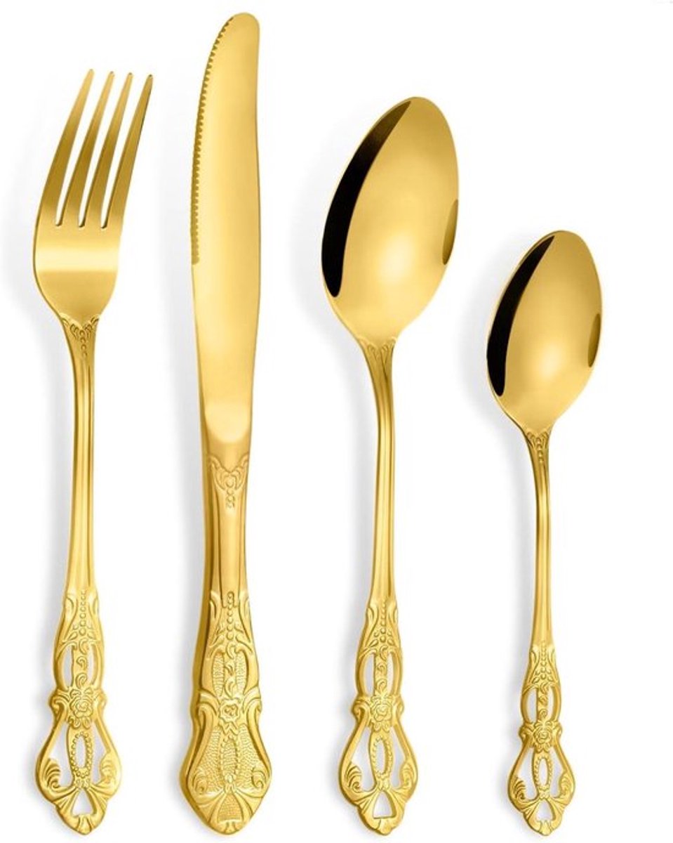 Gouden Bestek Set voor 6 Personen - Retro Koninklijk RVS - Vorken Messen Lepels - Campingbestek - Thuis Feest Restaurant - Servies Goud