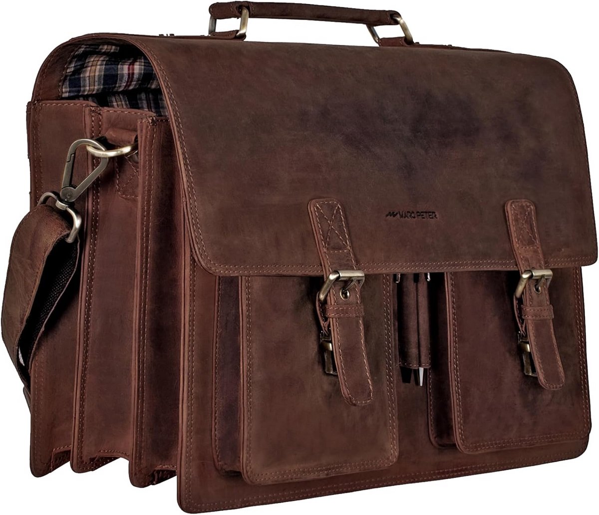 Leren aktetas XL voor heren met laptopvak tot 15,6 inch en trolleyfunctie