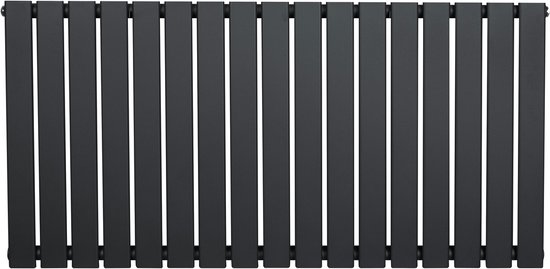 Grijze, horizontale, vlakke paneelradiator met één kolom en verticale lamellen.