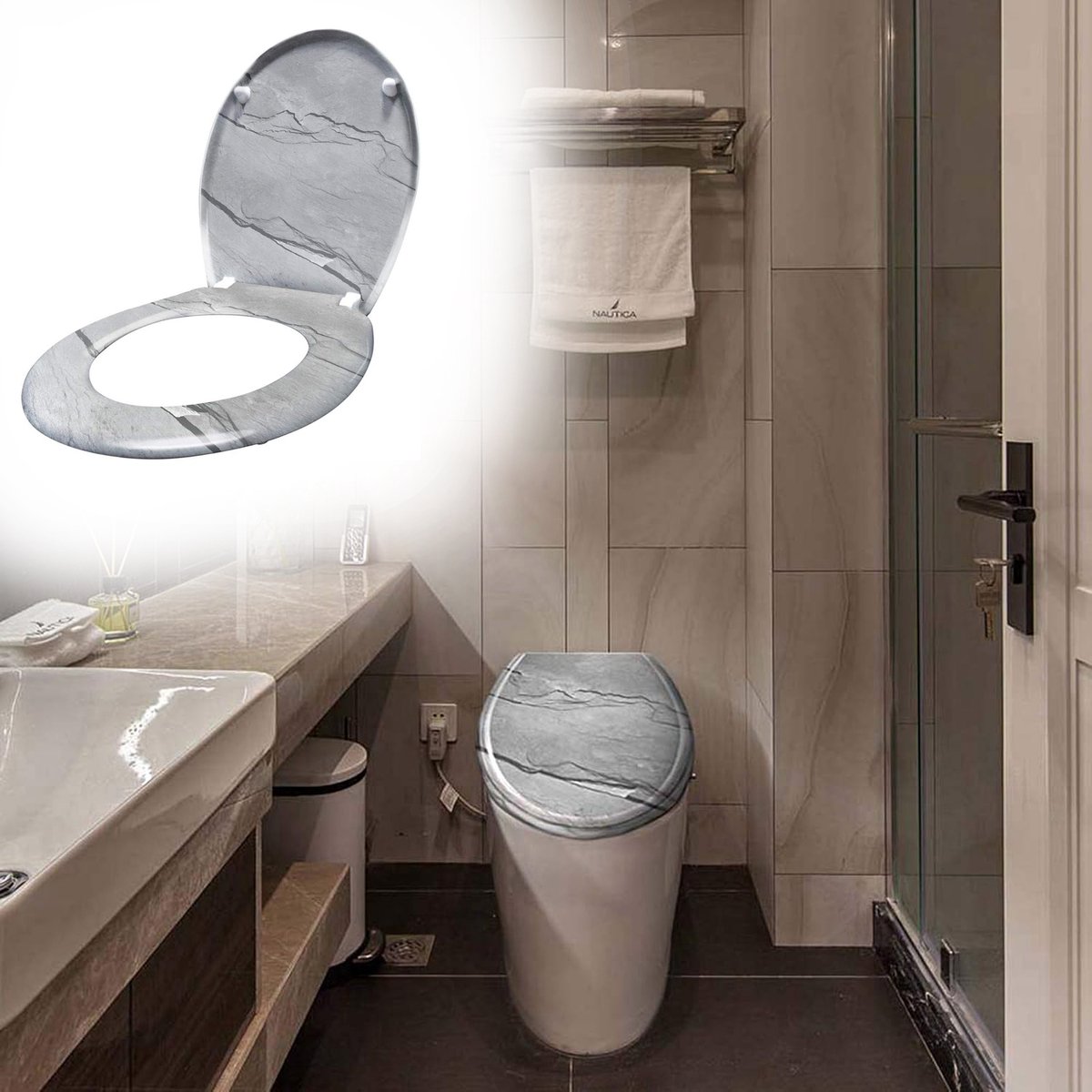 Aufun Toiletbril met softclose - Steenpatroon - 45x38 cm - MDF met thermohardend deksel