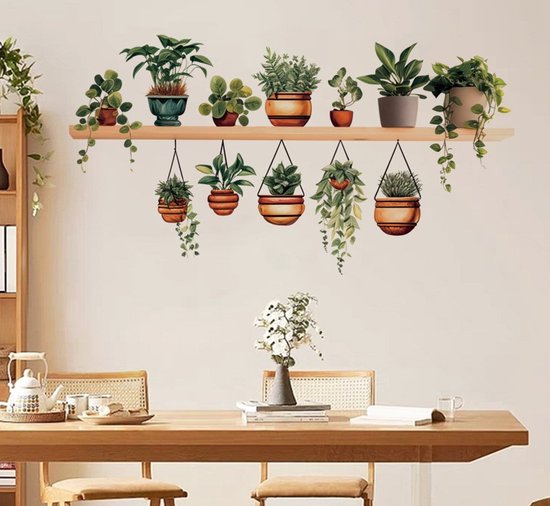 Autocollants muraux de plantes vertes panier décoration adhésifs muraux pour cuisine, salon, salle à manger, chambre à coucher, Vert 4