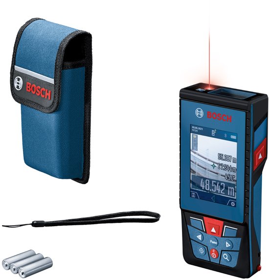 Bosch laser afstandsmeter met hoes, polsbandje en batterijen.