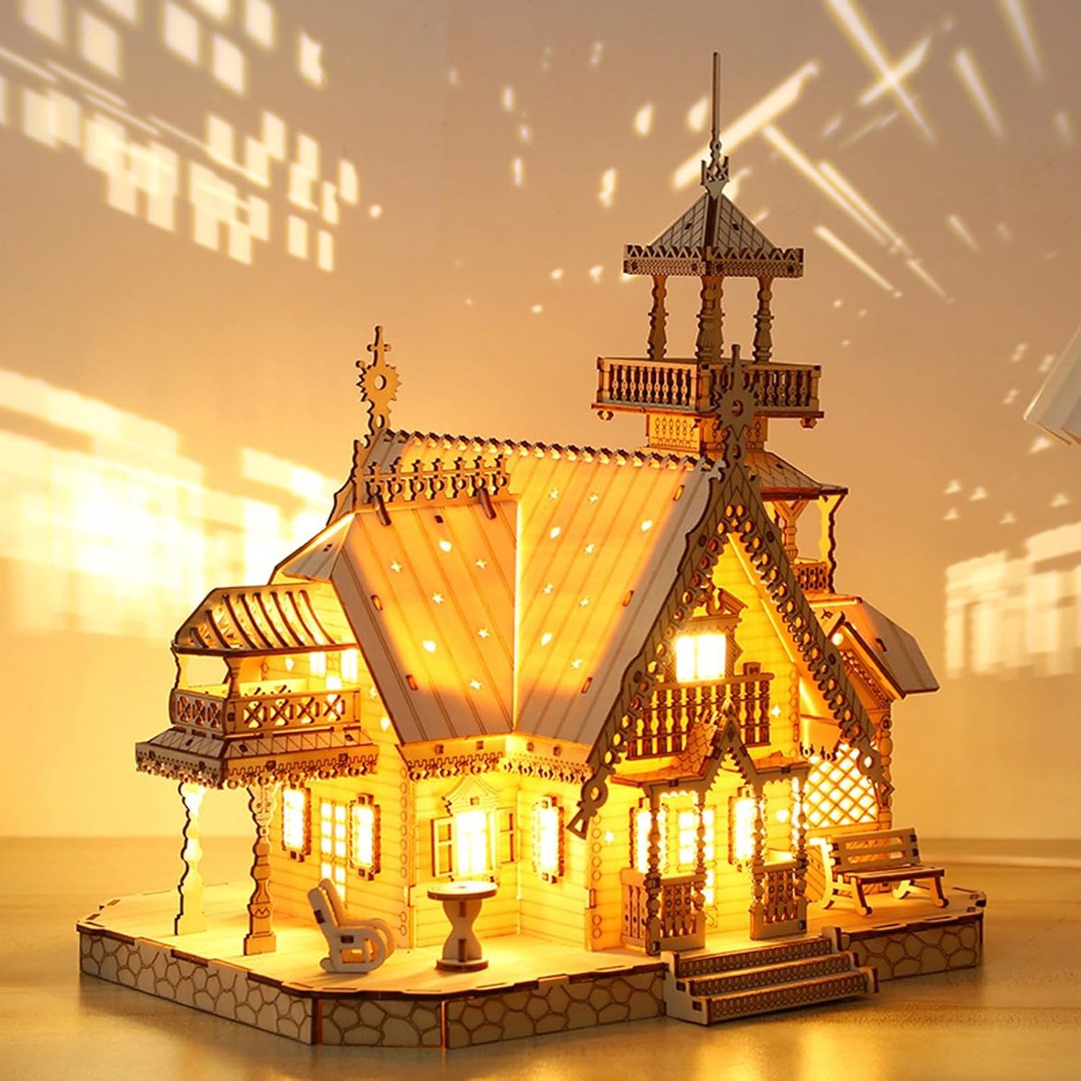 Houten 3D Puzzel Villa Bouwset met LED Verlichting - Vintage Modelbouw voor Volwassenen en Kinderen