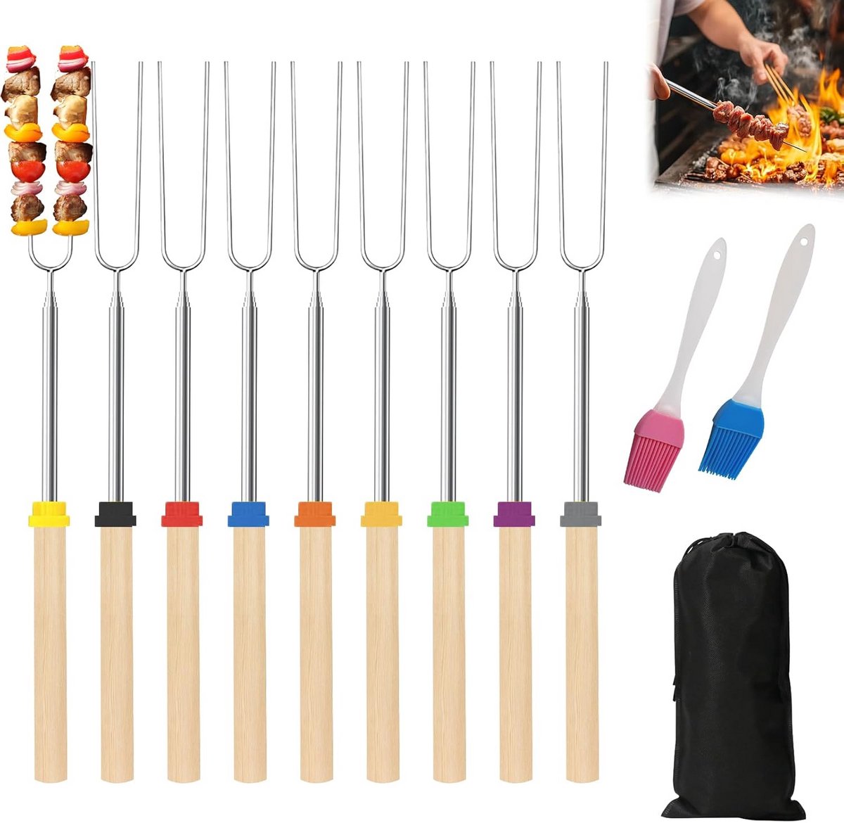 9 Uittrekbare RVS Grillspiesen voor Kampvuur en BBQ - Verstelbaar & Veilig