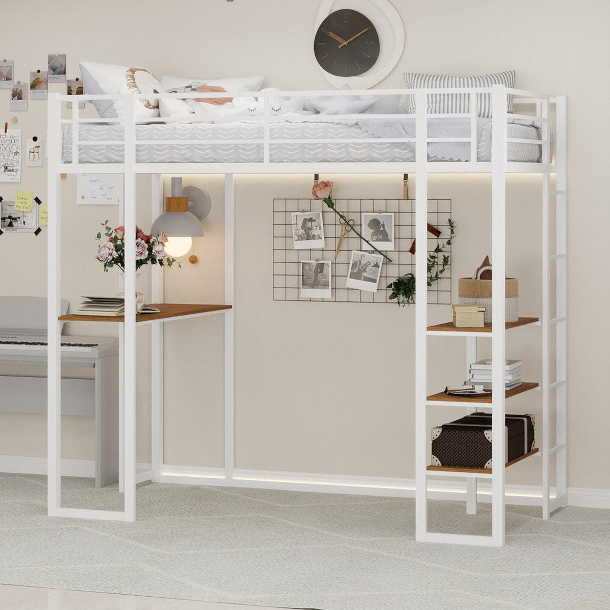 STILVORA Hoogslaper Met Bureau En Trap – L-Vormige Werkplek – Dubbele Leuning Voor Veilig Slapen – Flexibel Links Of Rechts – Metalen Frame – Zonder matras – Wit