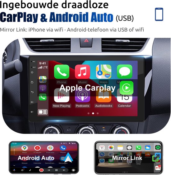 Autoradio met ingebouwde draadloze Apple CarPlay & Android Auto. Scherm toont iPhone- en Android-telefoons met apps.