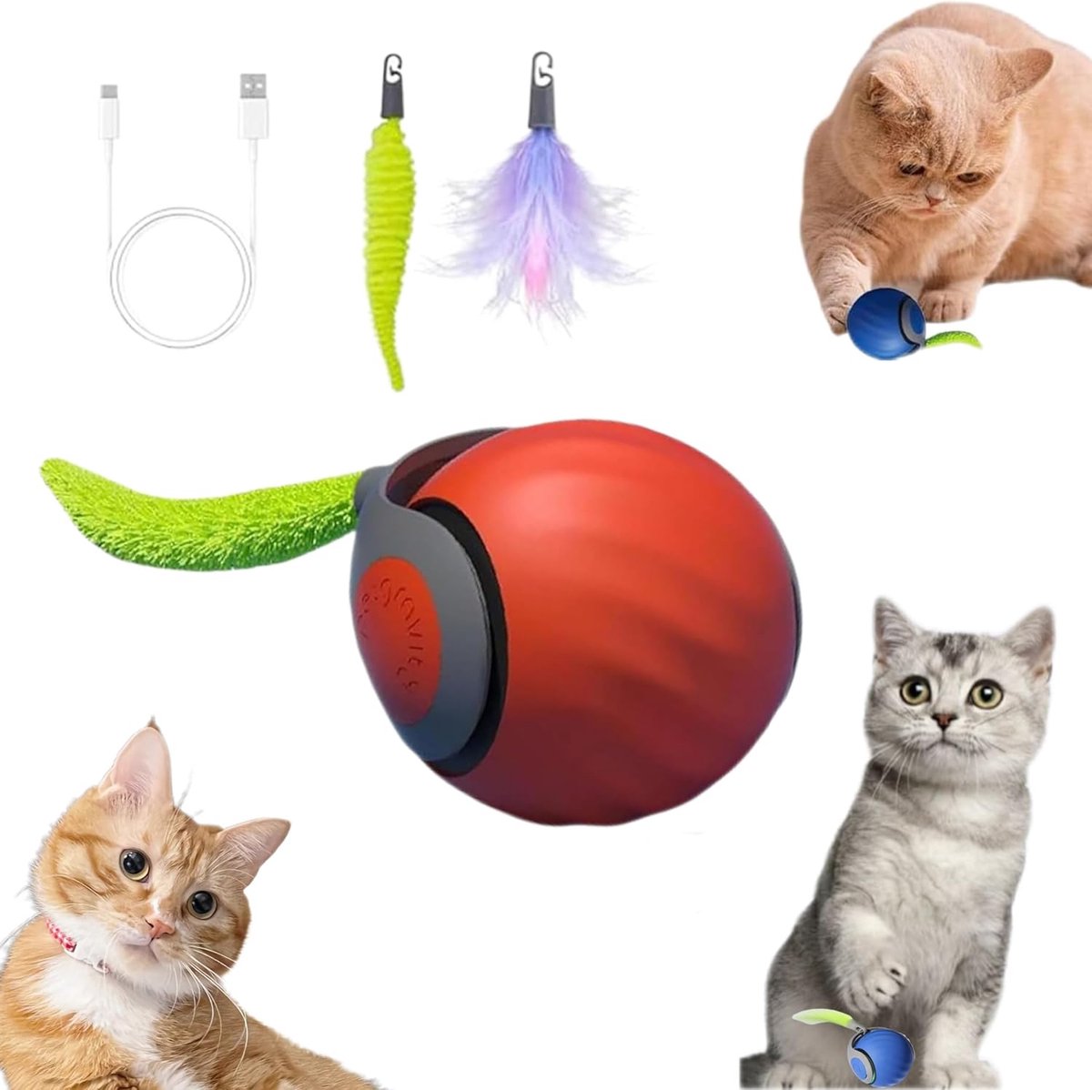 Slimme Interactieve Katten Speelgoed Bal - USB Oplaadbare Auto-Bewegende Bal met Wiebelende Staart en Obstakel Detectie, Tegen Verveling Binnenshuis（Oranje）