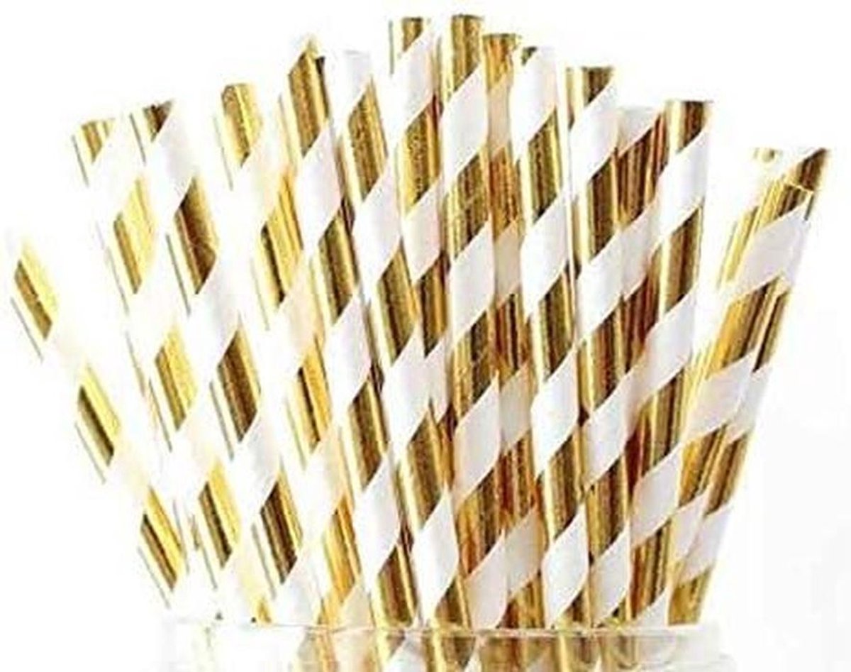 25x Witte en Gouden Gestreepte Papieren Rietjes - Feestartikelen & Duurzaam Drinkgerei