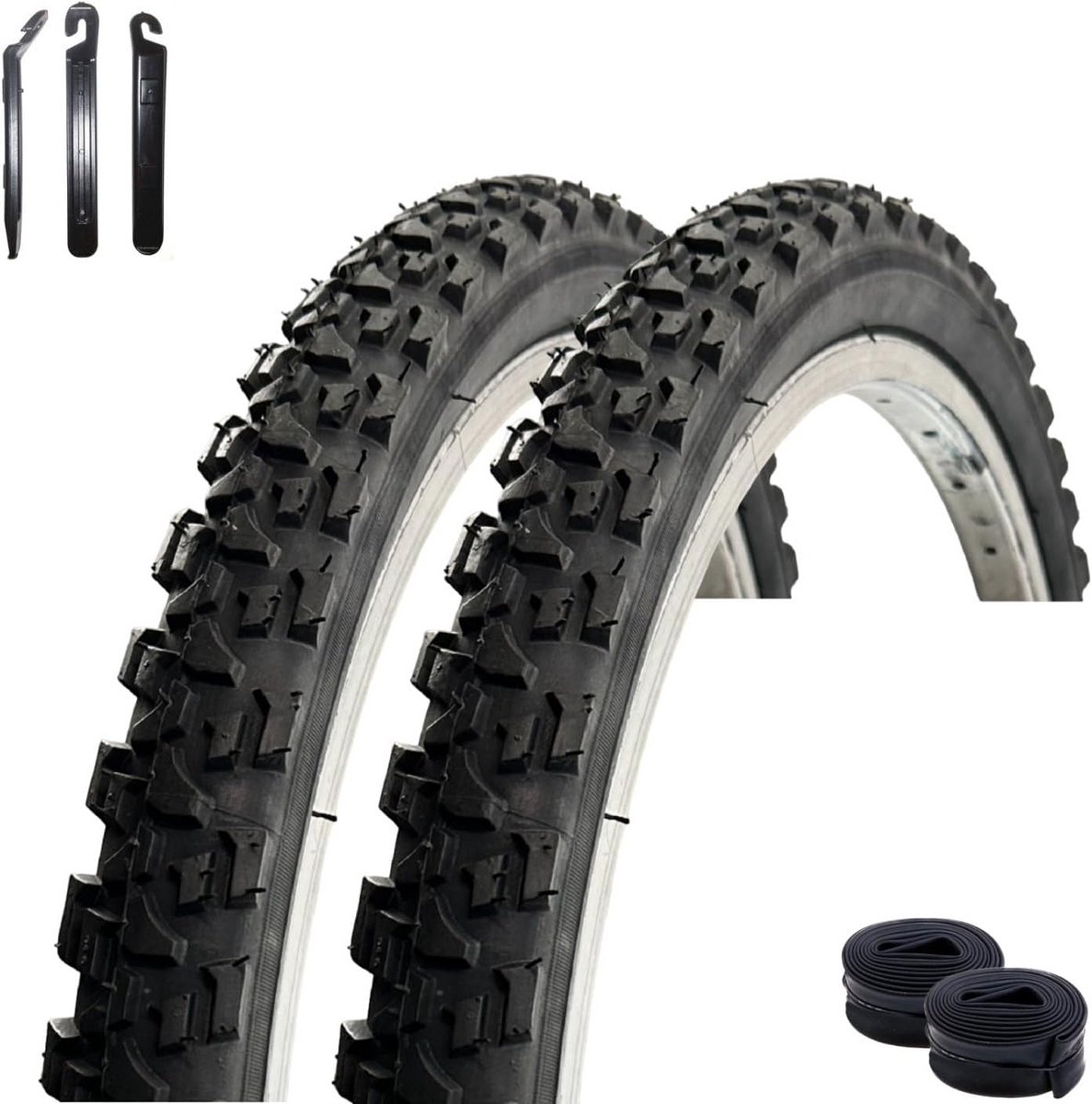 2x Fietsbanden 24 Inch Zwart (47-507 / 24 x 1.75) + Binnenbanden en Bandenlichter Set