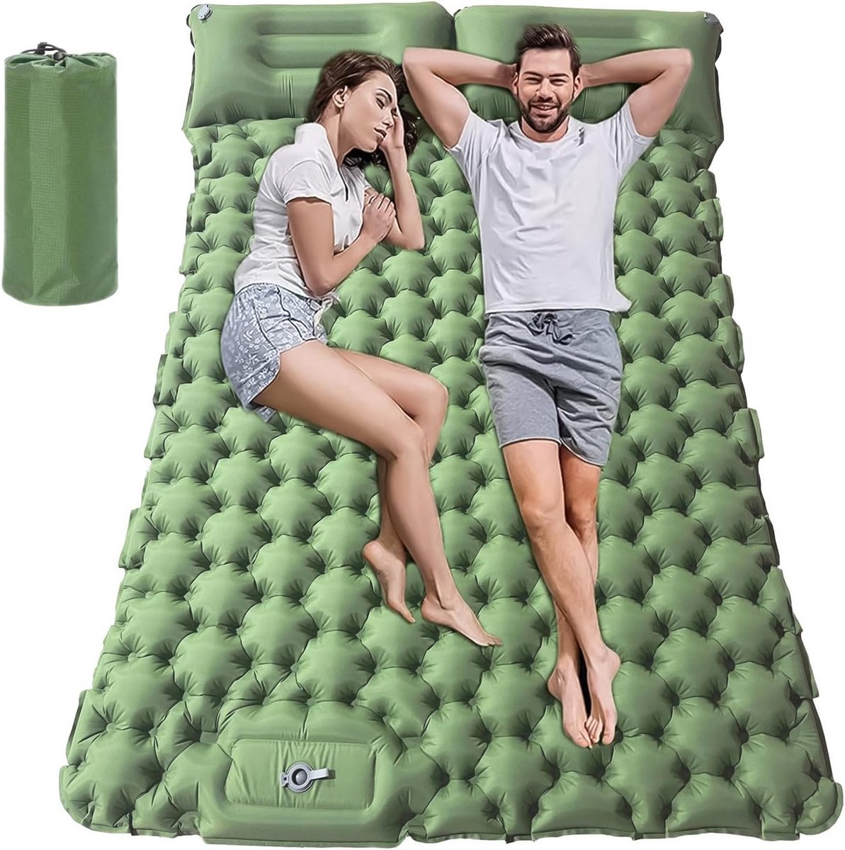 Tweepersoons Luchtbed met Ingebouwde Voetpomp - Queen Gastenbed voor Camping of Thuis - 196x125 cm - Olijfgroen