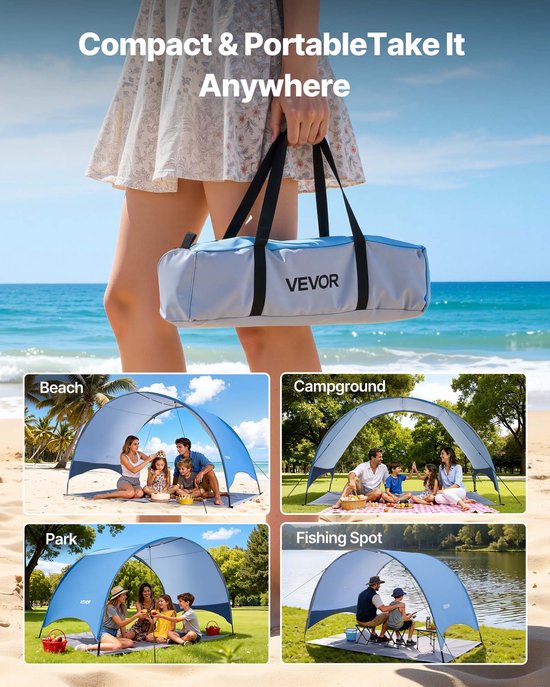 VEVOR strandtent/zonnescherm voor 4 personen, UPF 50+ bescherming, draagbare strandtent met draagtas en haringen, lichtgewicht compacte strandparasol voor kamperen, vissen, picknicken, zonnebaden van Vevor — afbeelding 4