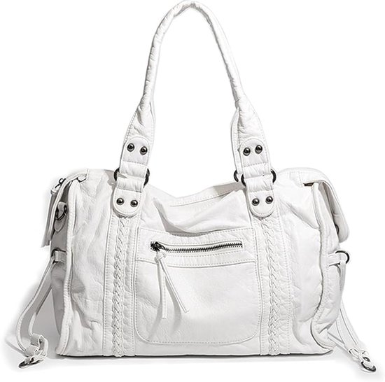 Sac Dames - Tote Bag Dames - Shopper Vintage - Grand Sac à Main Capacité - Sac à Épaule Y2K - Sac Aspect Cuir PU - Sac Quotidien - Travail & Loisirs - Wit