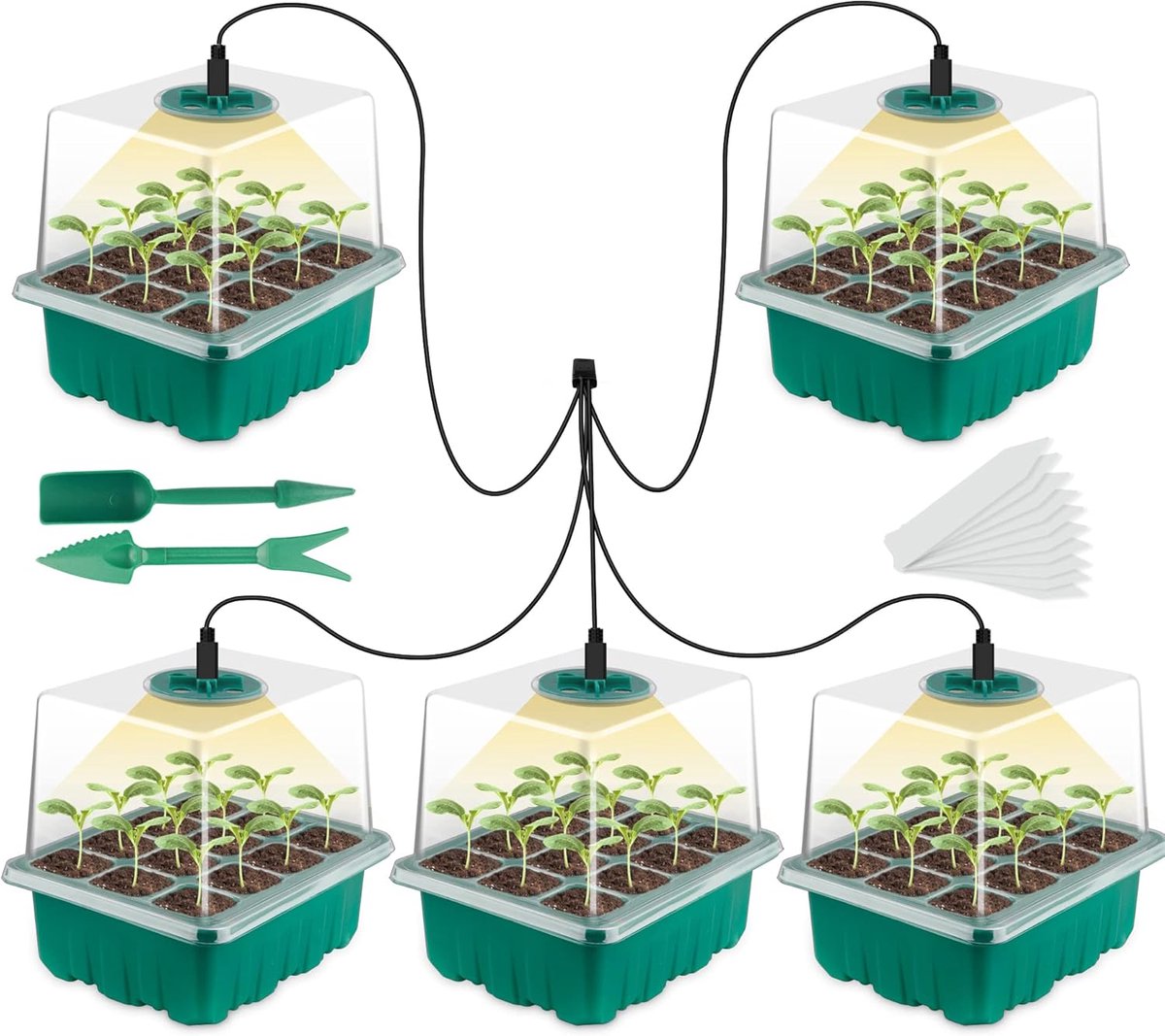 MELVRA Mini Kweekset - Kamerkweekkas - 5 Stuks - Kweekbak met Plantenverlichting - Full Spectrum LED - Kweekdoos met Deksel - Inclusief 10 Etiketten & Gereedschap