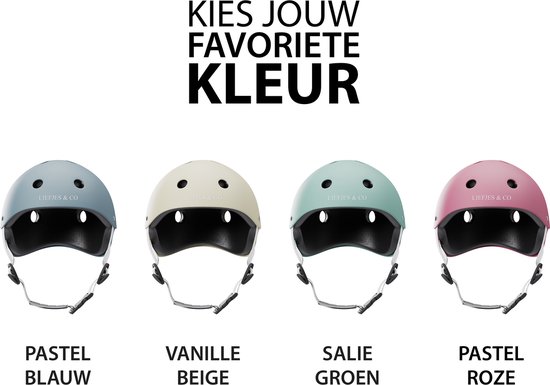 Vier kinderhelmen in pastelblauw, vanillebeige, saliegroen en pastelroze met verstelbare banden.